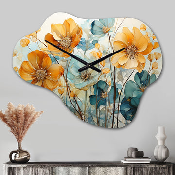 Teal Orange Botanical Fragments I - Asymmetric Metal Wall Clock
